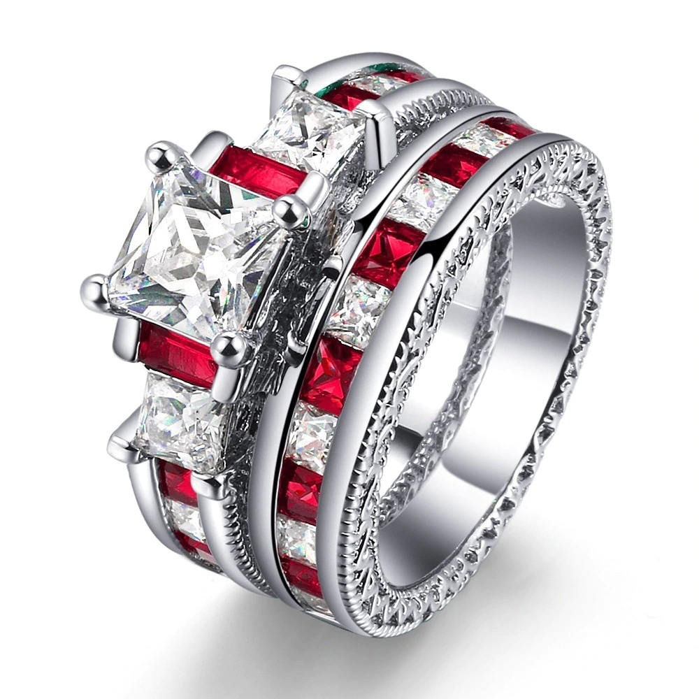 Anel Conjunto 2 Peças Prateado Zircônia Azul Verde Vermelho Rosa Tam 17 ao 29