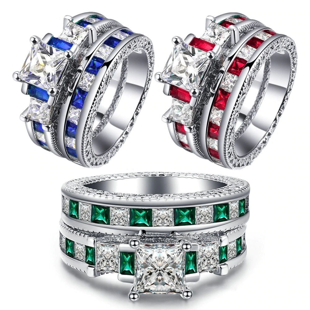 Anel Conjunto 2 Peças Prateado Zircônia Azul Verde Vermelho Rosa Tam 17 ao 29