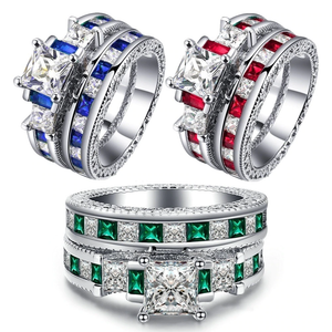 Anel Conjunto 2 Peças Prateado Zircônia Azul Verde Vermelho Rosa Tam 17 ao 29