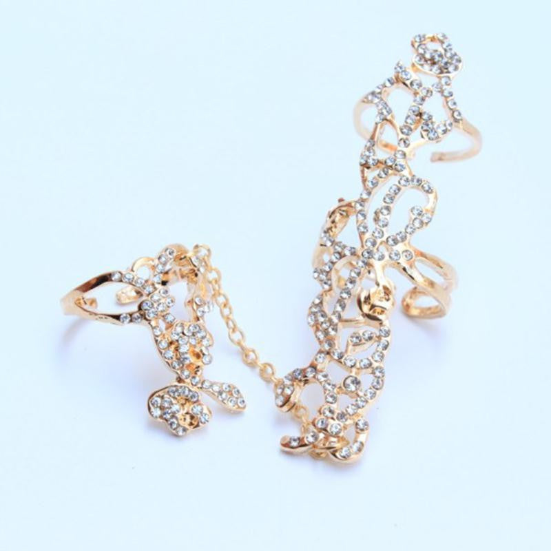 Anel Dourado ou Prateado com Corrente Cheio de Strass