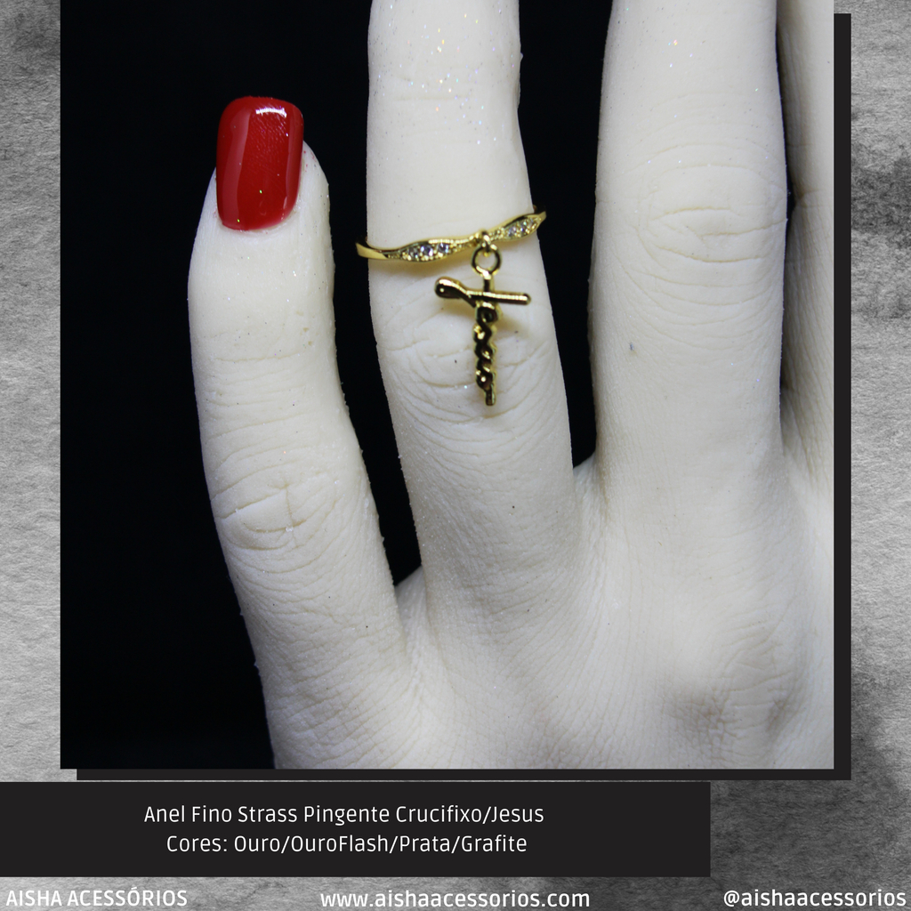 Anel Fino Strass Pingente Crucifixo/Jesus Ouro/Ouro Flash/Prata/Grafite