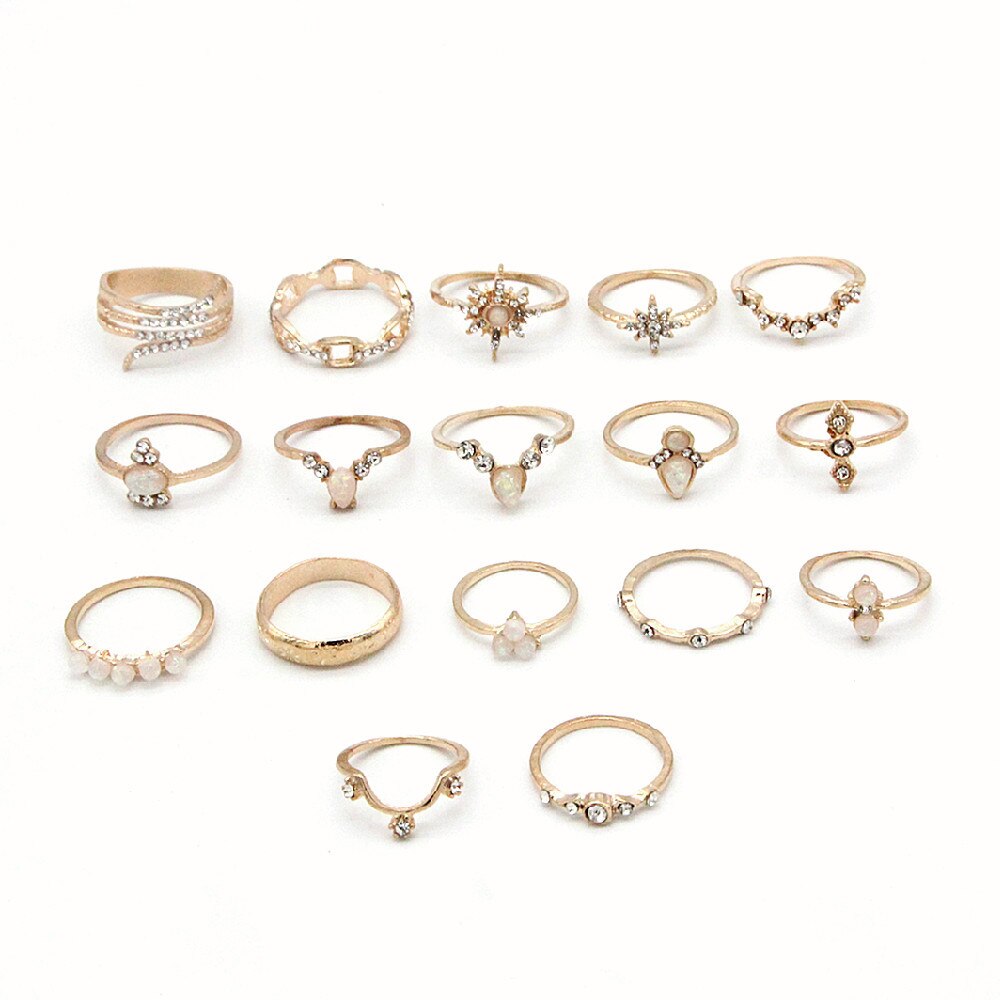 Anel Conjunto 17 Peças Diversos Modelos Strass/Resina Dourado
