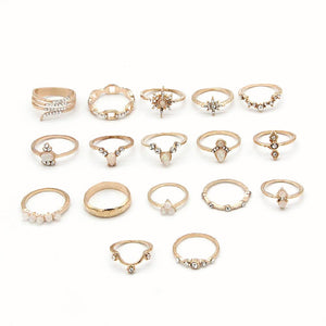 Anel Conjunto 17 Peças Diversos Modelos Strass/Resina Dourado