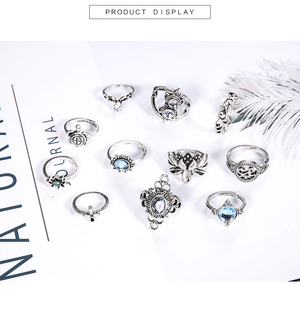 Anel Conjunto 11 Peças Prateado Cristal Azul
