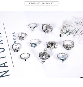 Anel Conjunto 11 Peças Prateado Cristal Azul