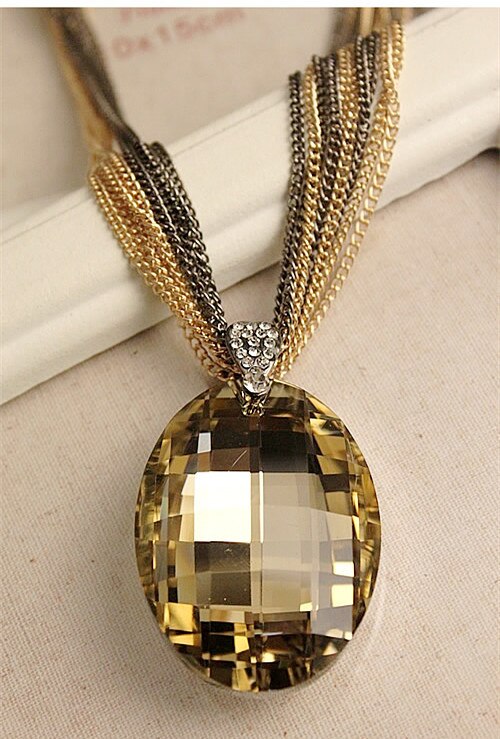 Colar Dourado/Preto 8 Voltas Cristal Pingente Oval Dourado
