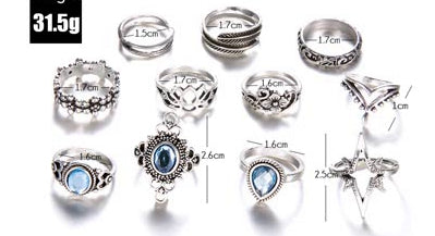 Anel Conjunto 11 Peças Prateado Vintage Cristal