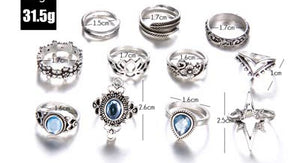 Anel Conjunto 11 Peças Prateado Vintage Cristal