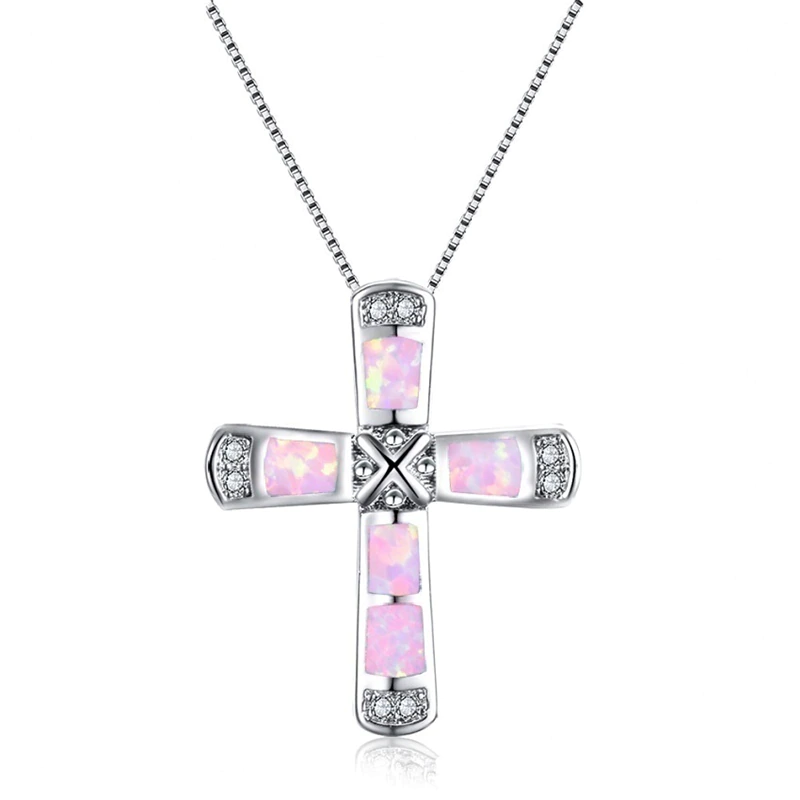 Colar Prateado Pingente Crucifixo Rosa