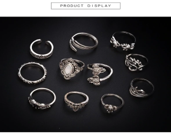 Anel Conjunto 11 Peças Prateado Vintage Cristal