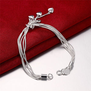 Pulseira Folheada Prata 925 5 Linhas Pingentes Coração