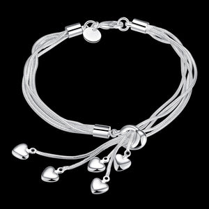 Pulseira Folheada Prata 925 5 Linhas Pingentes Coração