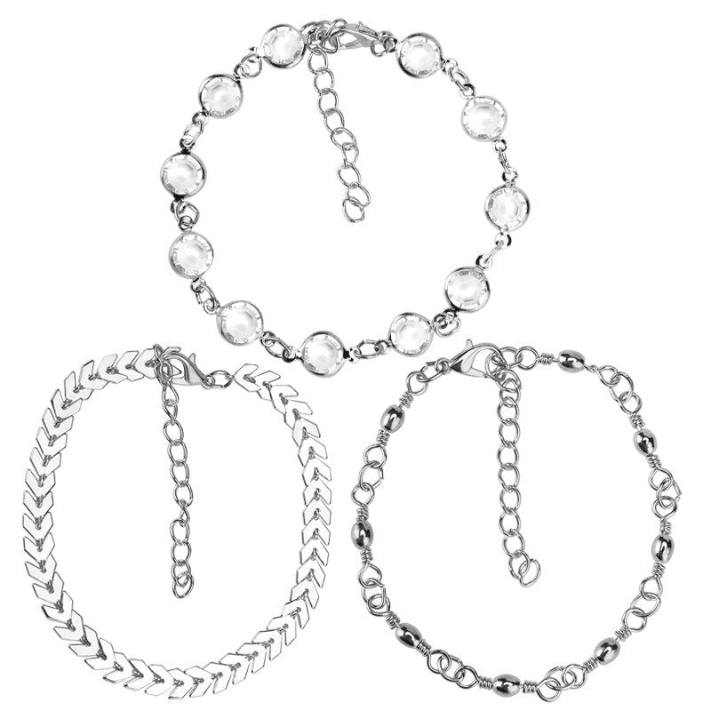 Pulseira / Tornozeleira 3 Peças Variadas - Dourada / Prateada