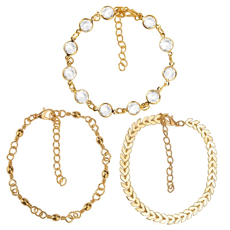 Pulseira / Tornozeleira 3 Peças Variadas - Dourada / Prateada