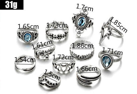 Anel Conjunto 11 Peças Prateado Vintage Cristal