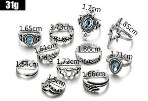 Anel Conjunto 11 Peças Prateado Vintage Cristal