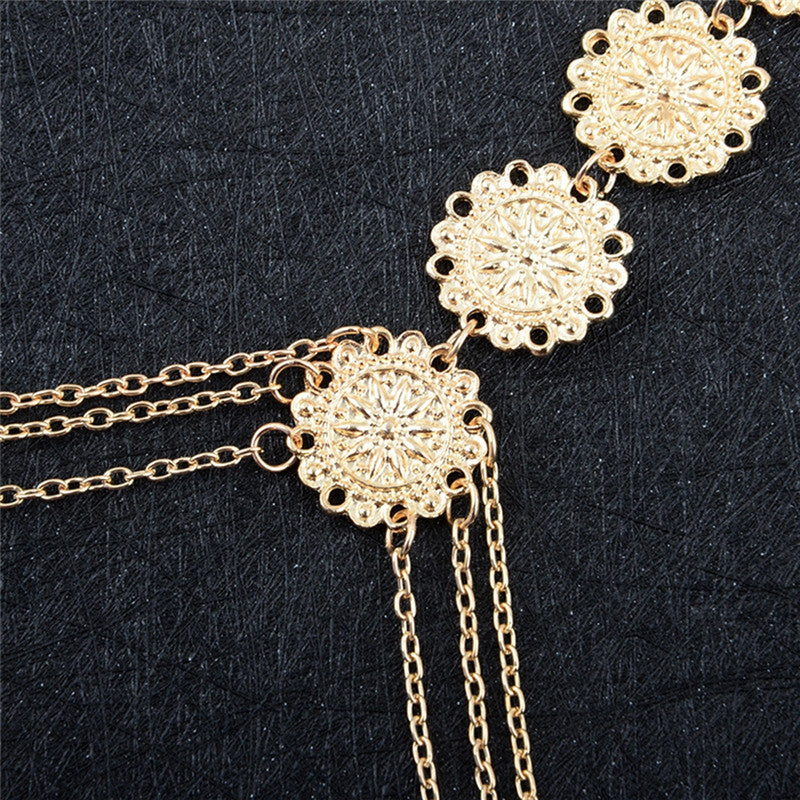 Tornozeleira Prateada ou Dourada Boho com Dedo Pé e Medalhas