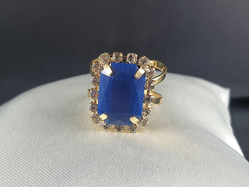 Anel Dourado Cristal Azul e Strass Tam Ajustável