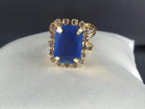 Anel Dourado Cristal Azul e Strass Tam Ajustável