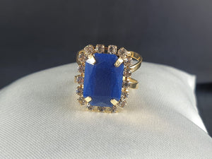 Anel Dourado Cristal Azul e Strass Tam Ajustável